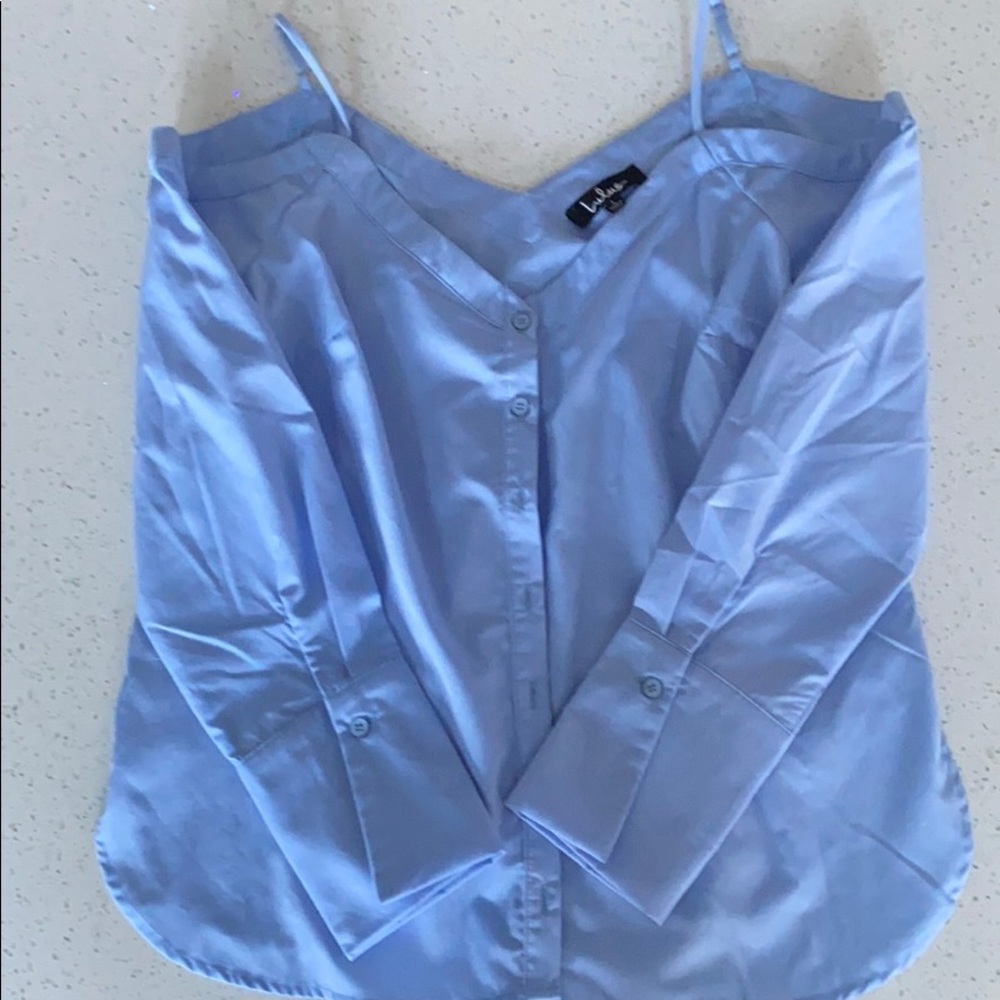 Light Blue Button-Up Off-the-Shoulder Top - Size L